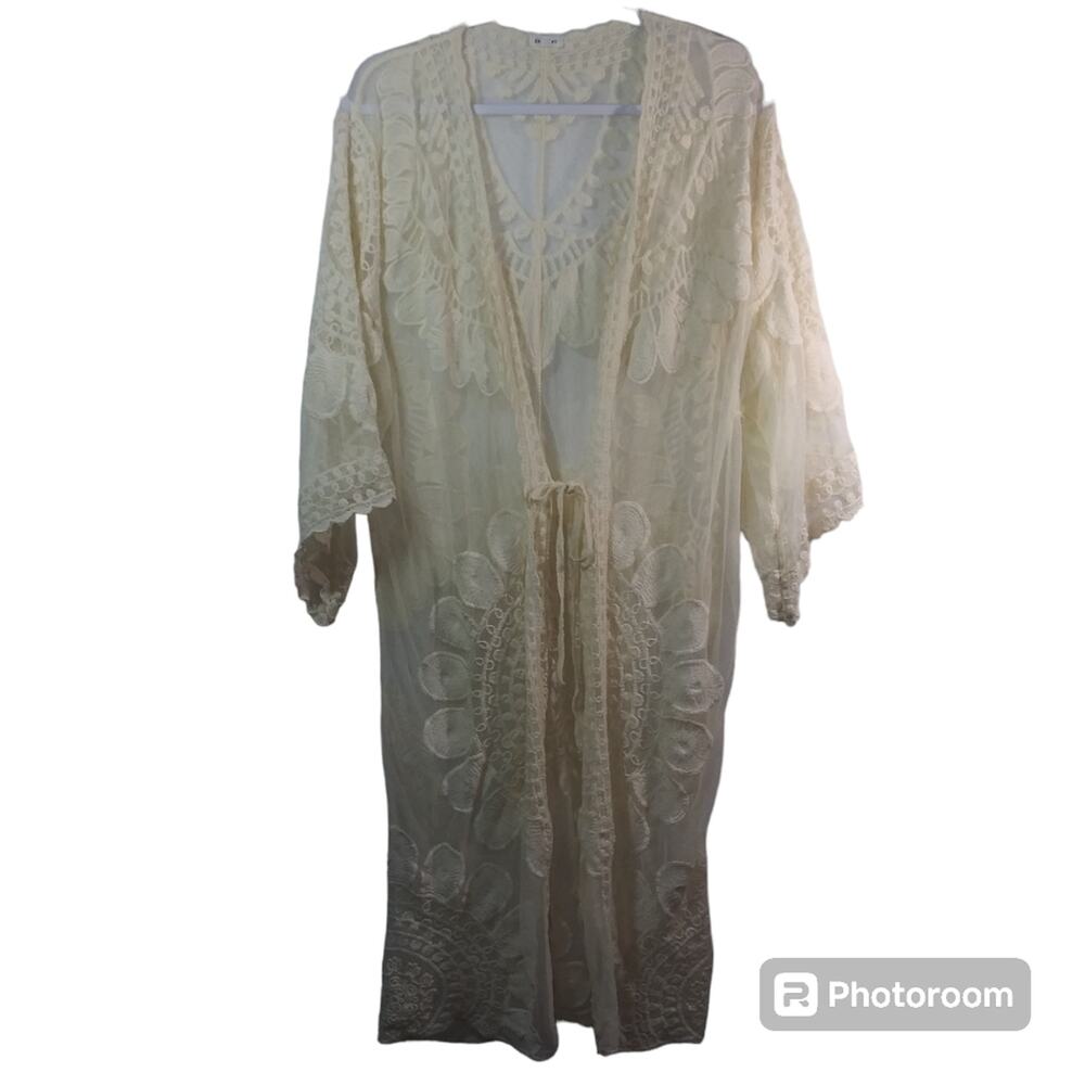 EN CREME Beige Sunflower Lace Sheer Mesh Festival Kaftan Coverup Size XS